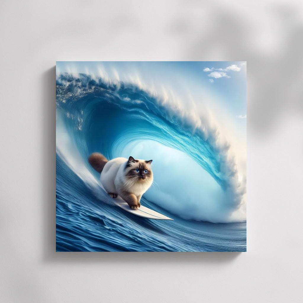 Birman Cat Riding a Giant Wave: Surfing Feline Style