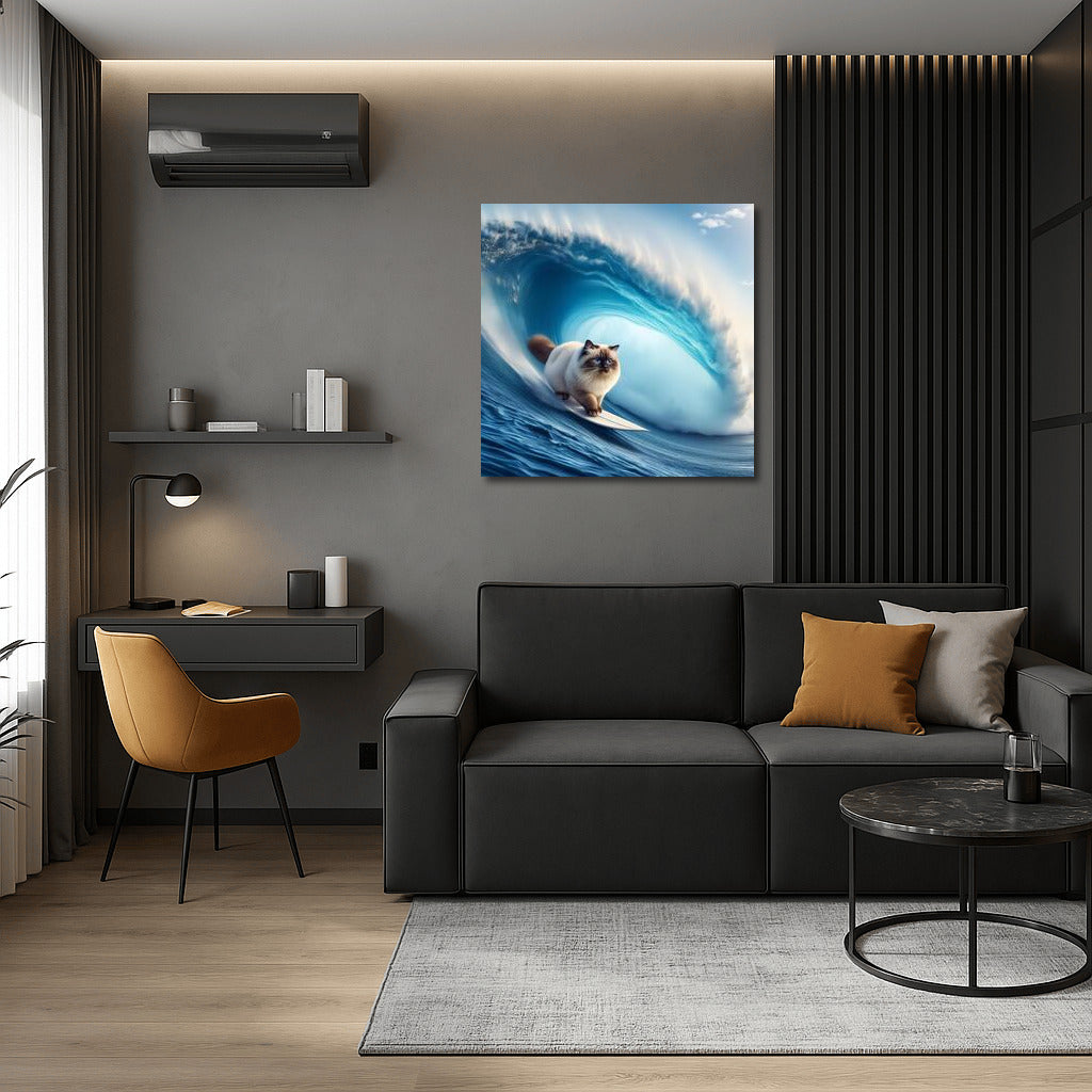 Birman Cat Riding a Giant Wave: Surfing Feline Style