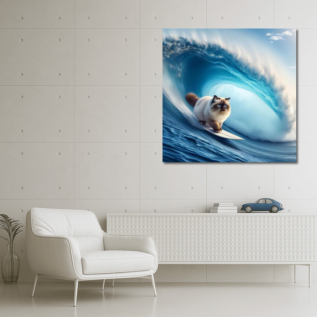 Birman Cat Riding a Giant Wave: Surfing Feline Style
