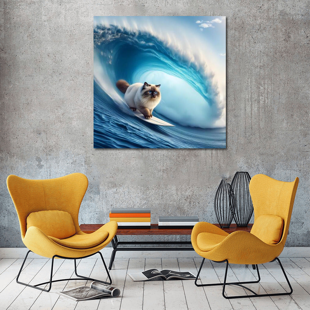 Birman Cat Riding a Giant Wave: Surfing Feline Style