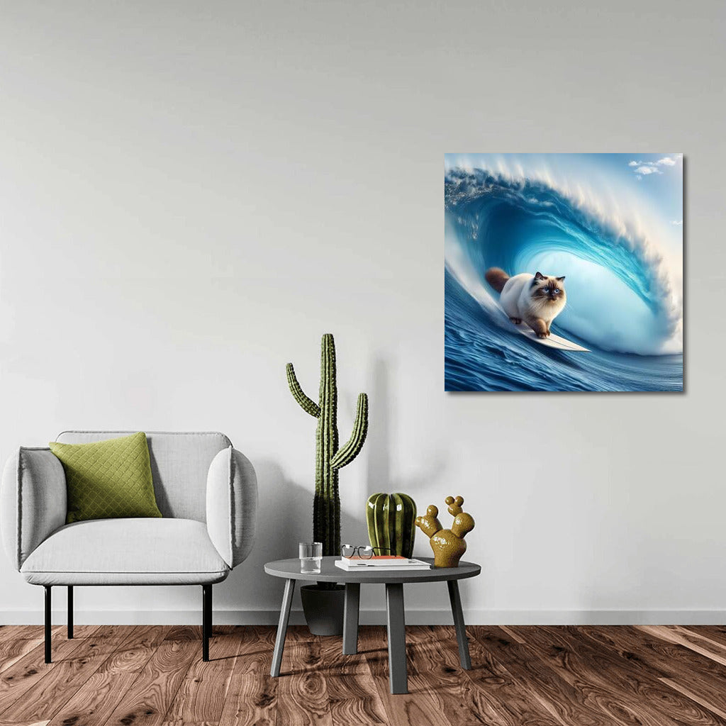 Birman Cat Riding a Giant Wave: Surfing Feline Style