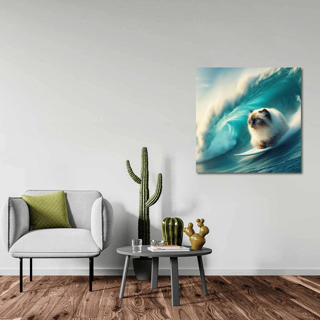 Burmese Cat Rides Giant Wave: Surfing Adventures