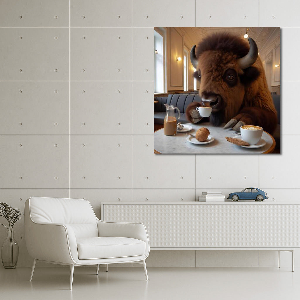 Bison in the Cafe: Morning Ritual with a Cup of Coffee