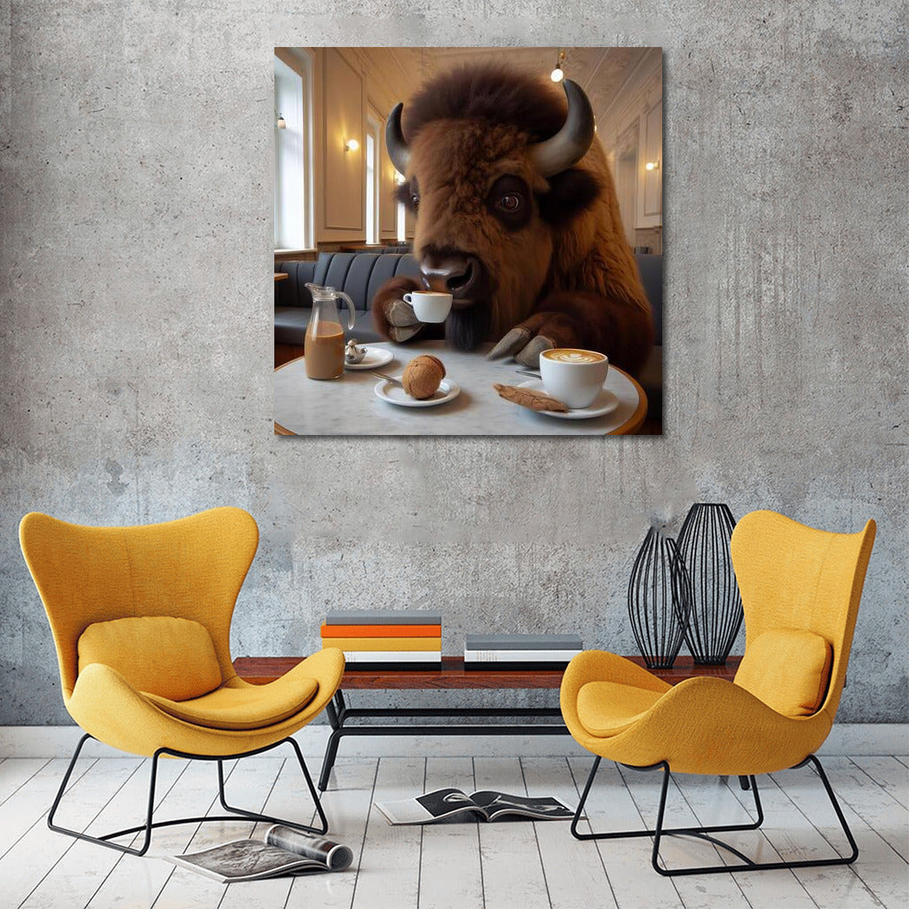 Bison in the Cafe: Morning Ritual with a Cup of Coffee