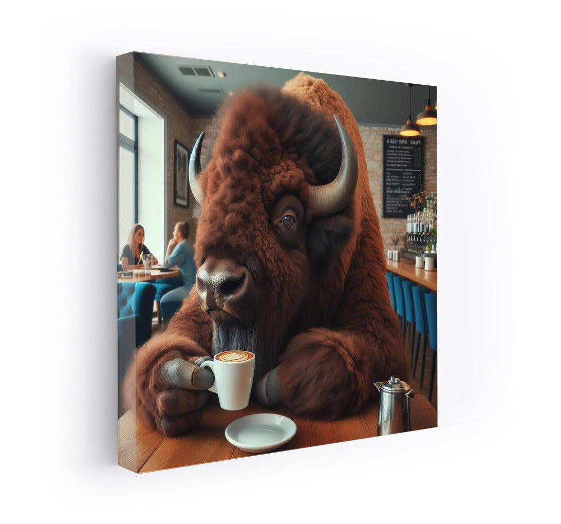 Bison in a cafe: Morning coffee in a cozy cup
