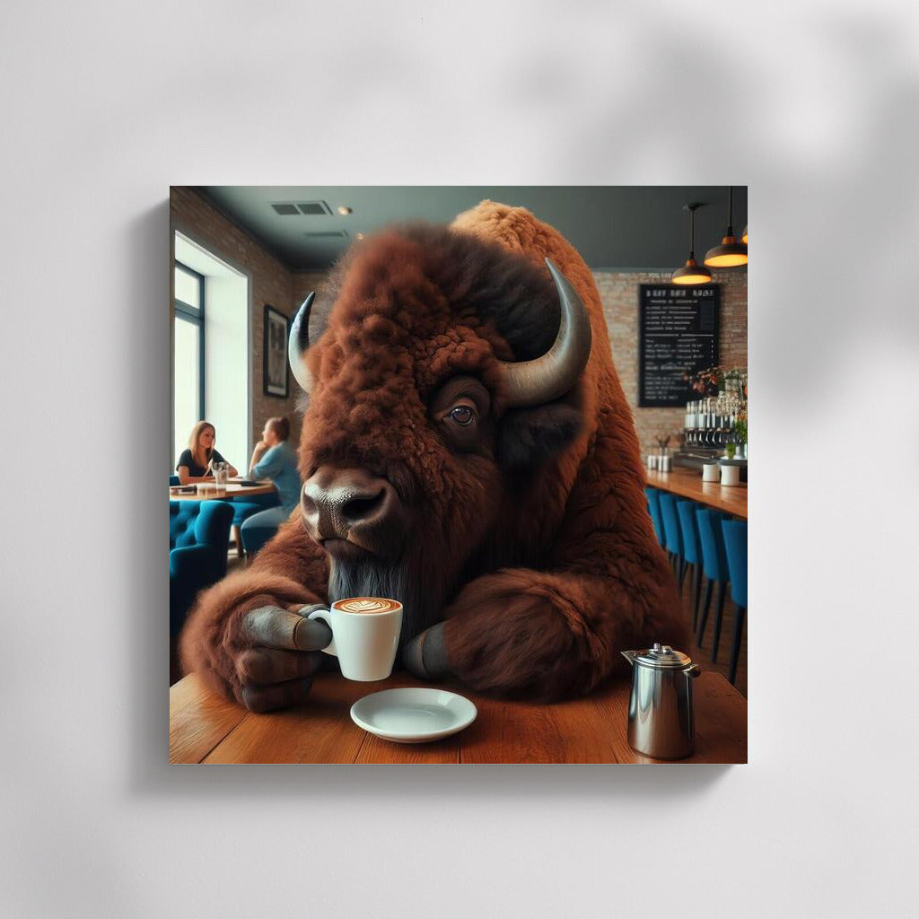 Bison in a cafe: Morning coffee in a cozy cup