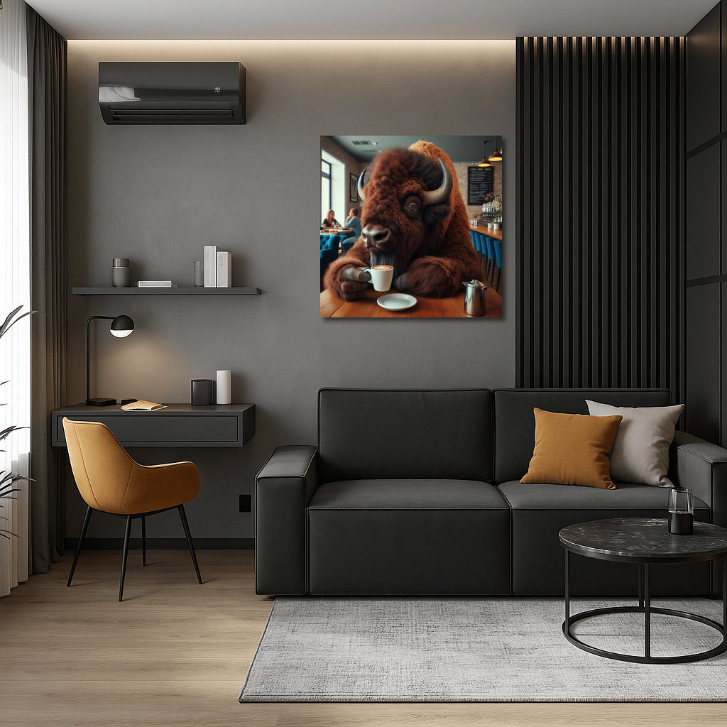 Bison in a cafe: Morning coffee in a cozy cup