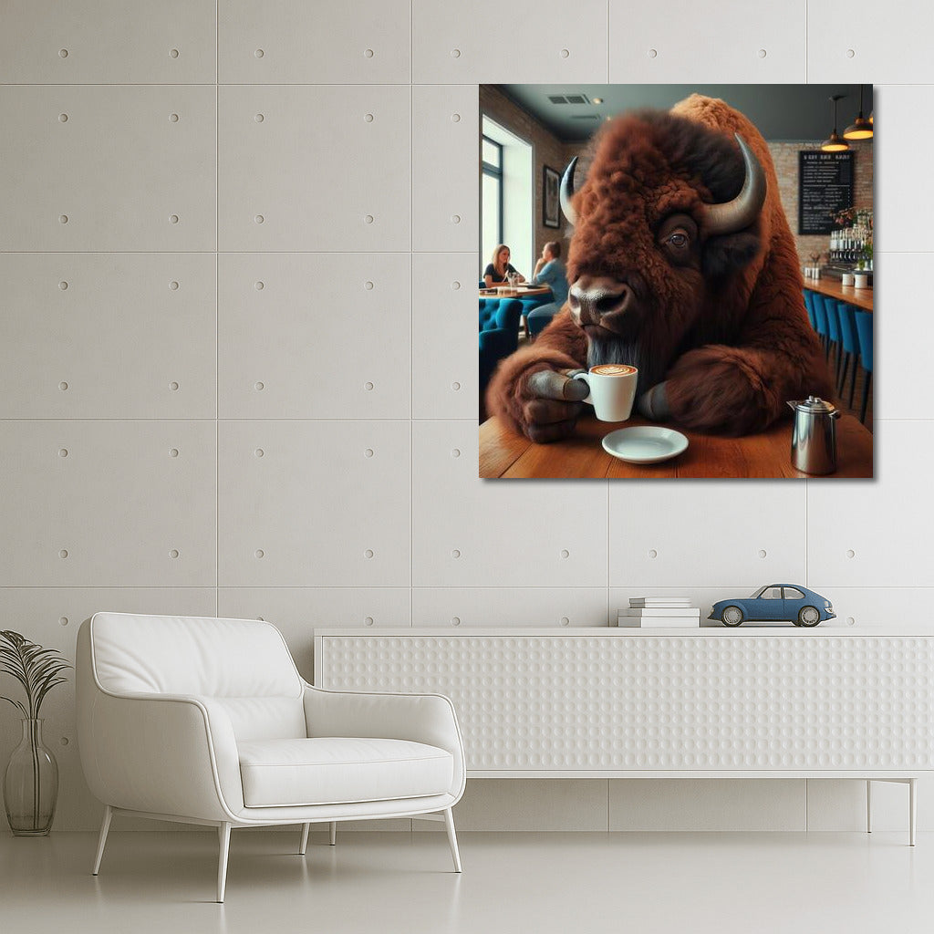Bison in a cafe: Morning coffee in a cozy cup