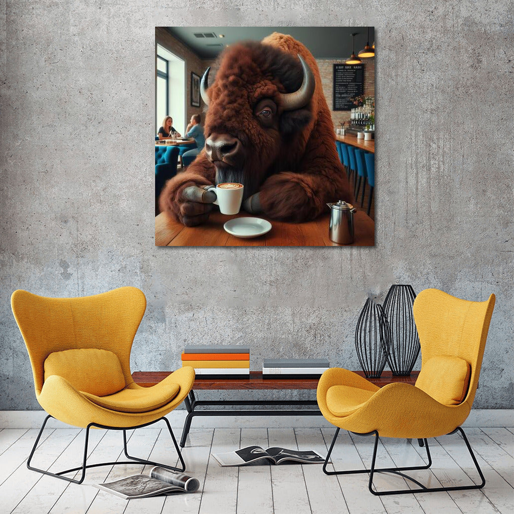 Bison in a cafe: Morning coffee in a cozy cup