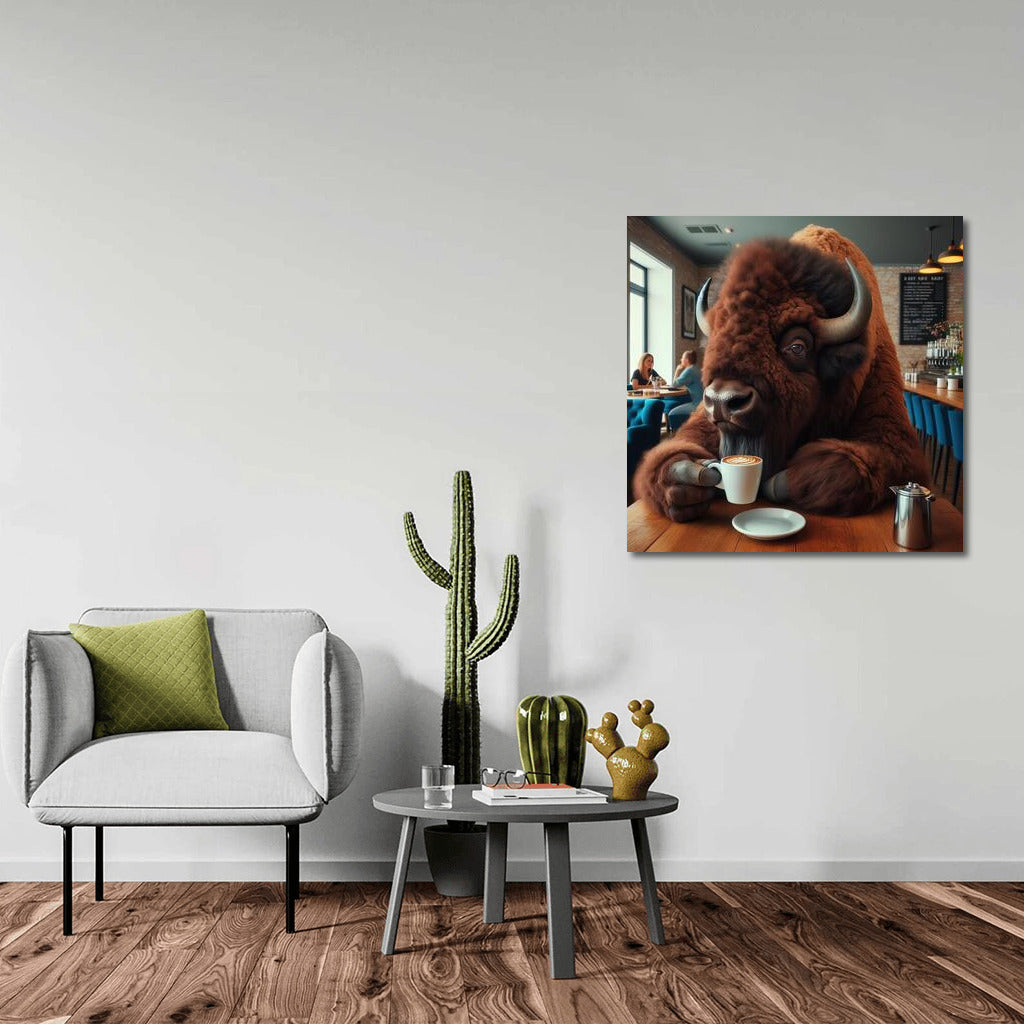 Bison in a cafe: Morning coffee in a cozy cup