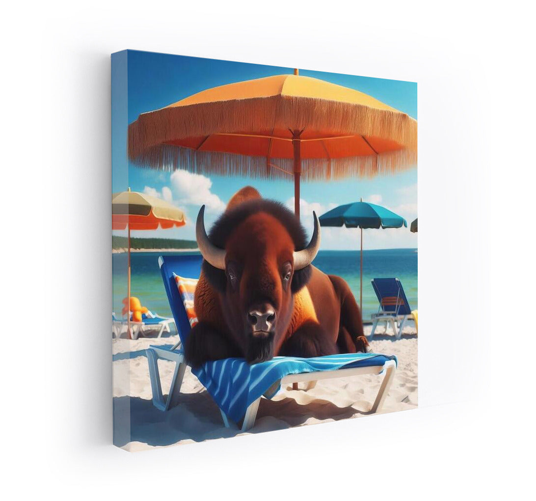 Bison on the beach: relaxing under an umbrella