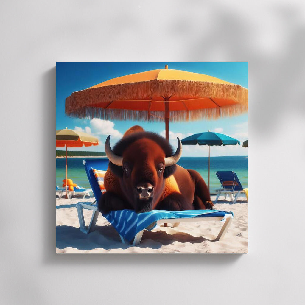Bison on the beach: relaxing under an umbrella