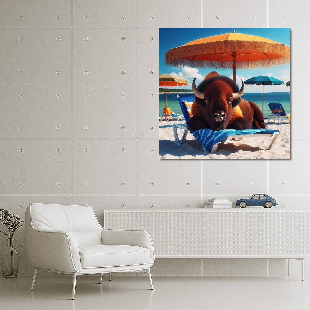 Bison on the beach: relaxing under an umbrella