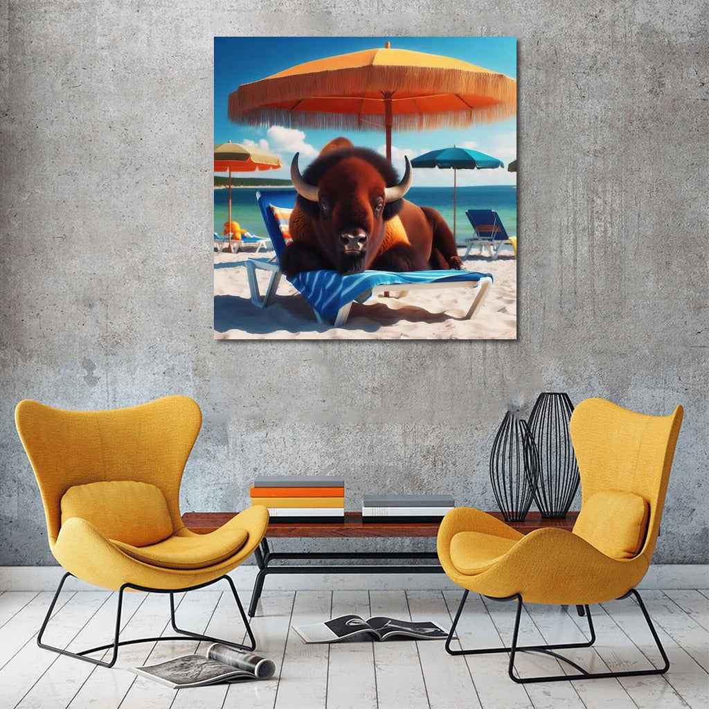Bison on the beach: relaxing under an umbrella