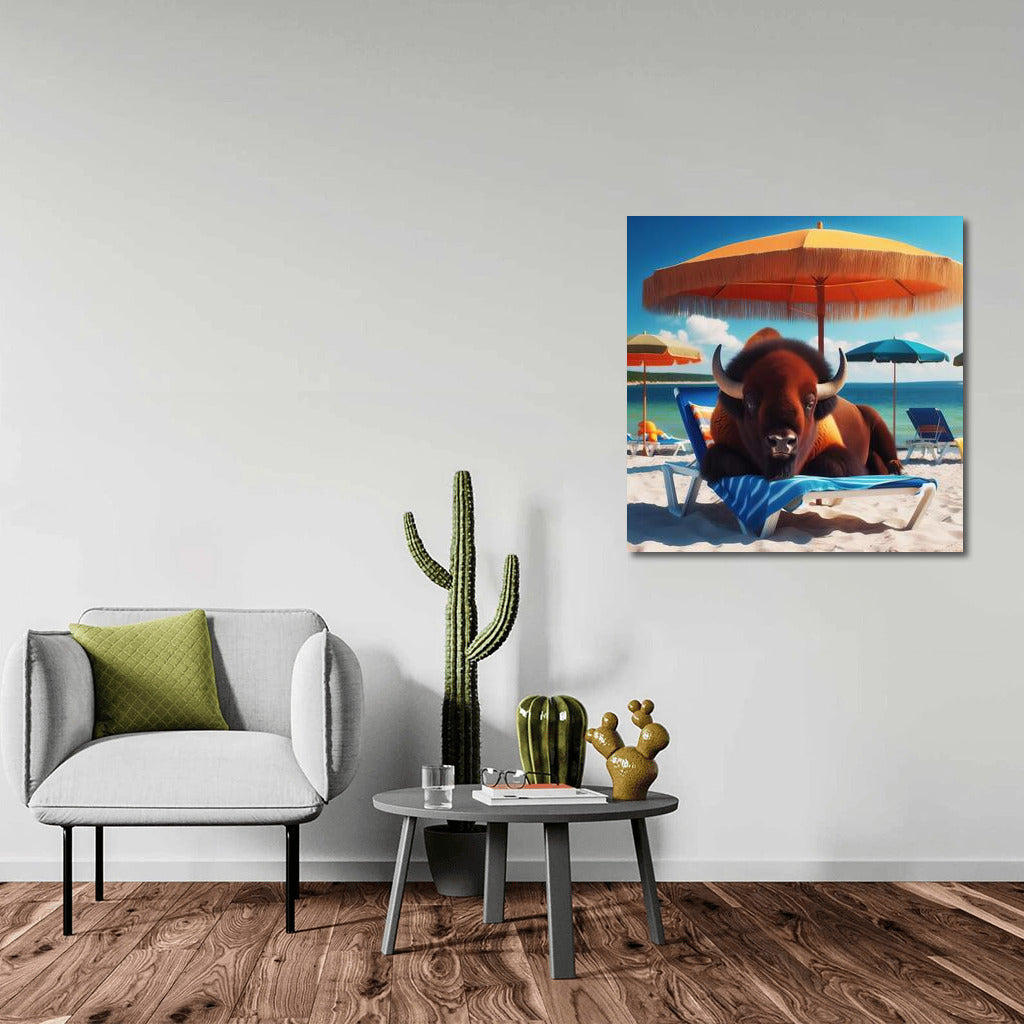 Bison on the beach: relaxing under an umbrella