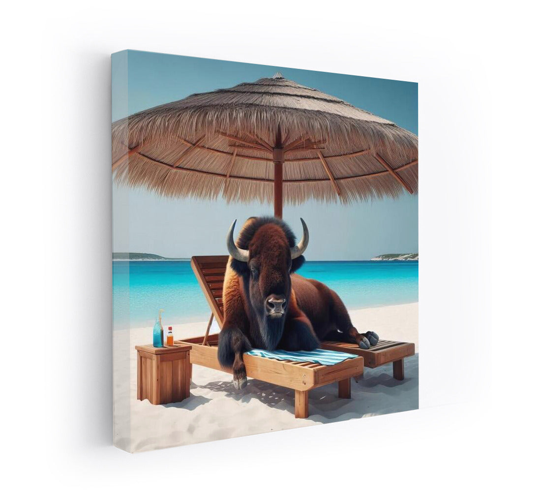 Bison on the Beach: Relaxing Under an Umbrella