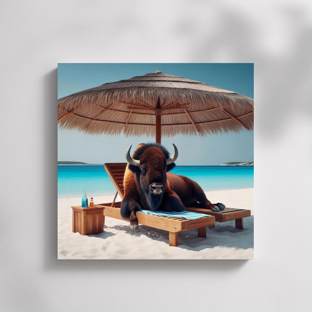 Bison on the Beach: Relaxing Under an Umbrella