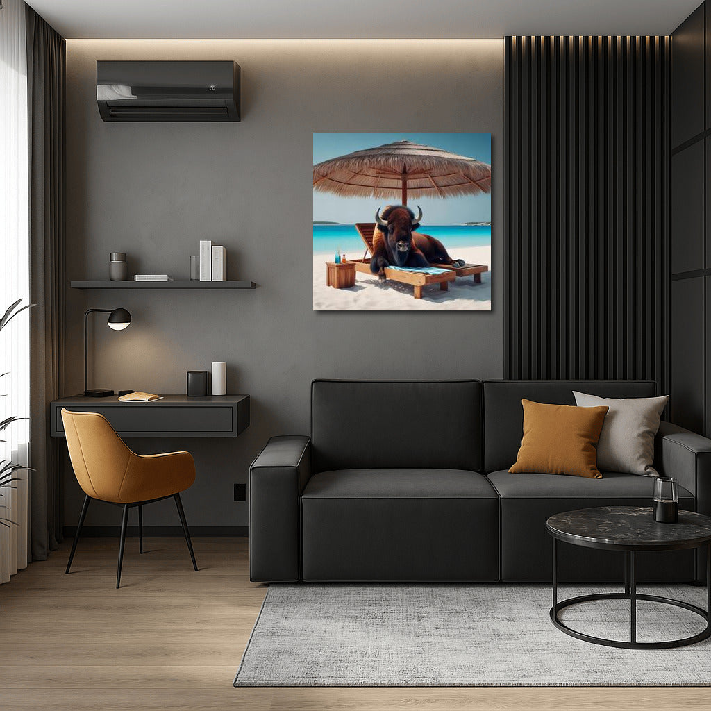 Bison on the Beach: Relaxing Under an Umbrella