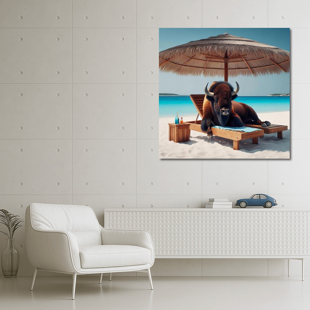 Bison on the Beach: Relaxing Under an Umbrella