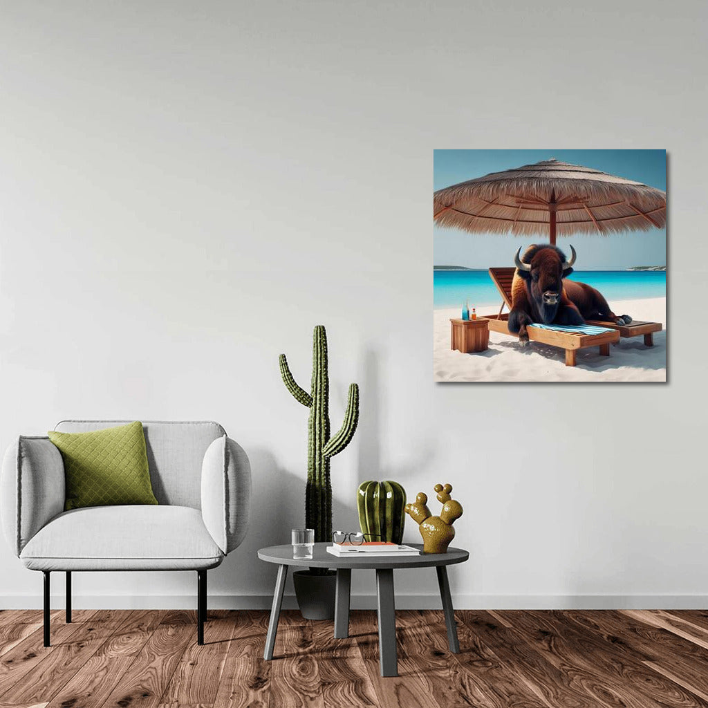 Bison on the Beach: Relaxing Under an Umbrella