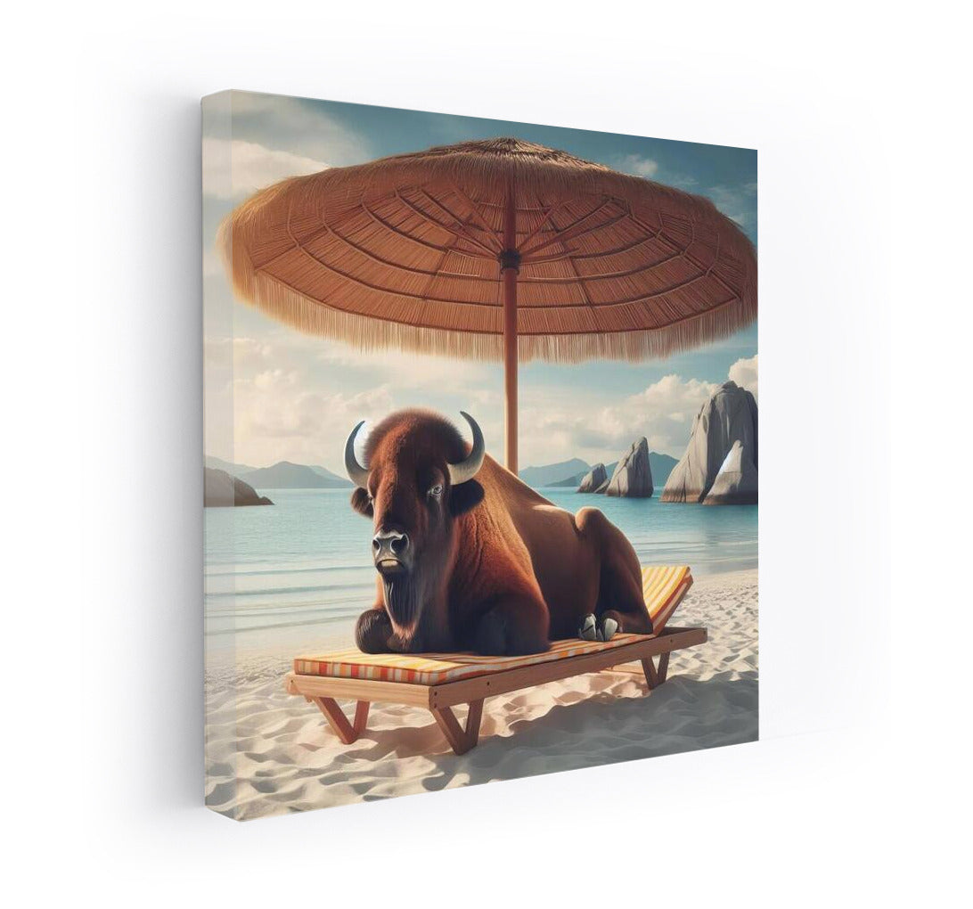 Buffalo on the beach: Relaxing under an umbrella