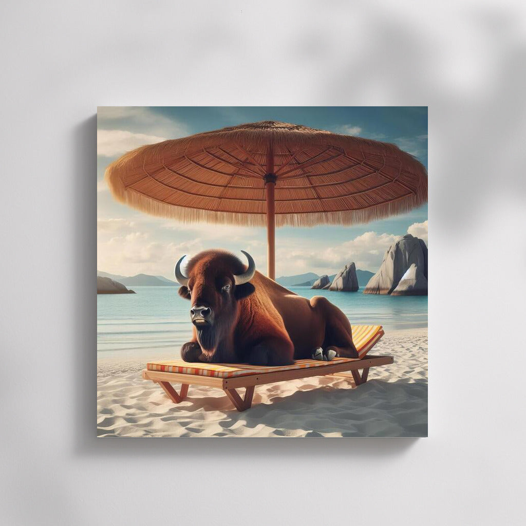 Buffalo on the beach: Relaxing under an umbrella