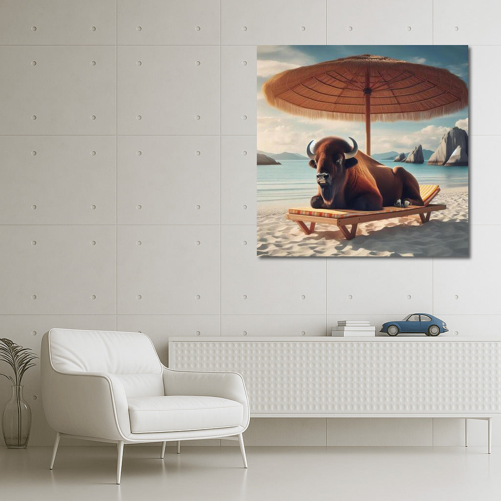 Buffalo on the beach: Relaxing under an umbrella