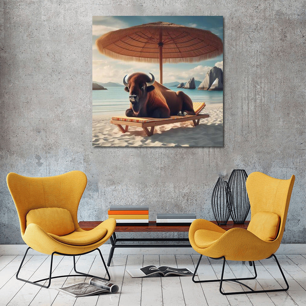 Buffalo on the beach: Relaxing under an umbrella