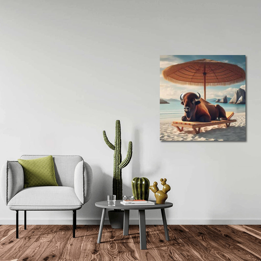 Buffalo on the beach: Relaxing under an umbrella