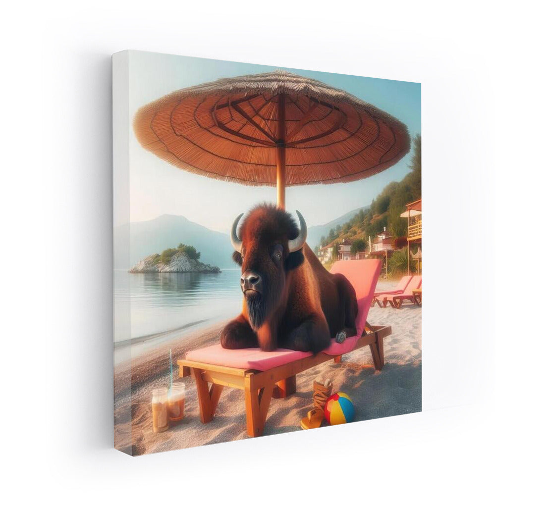 Buffalo on the beach: Relaxing under an umbrella