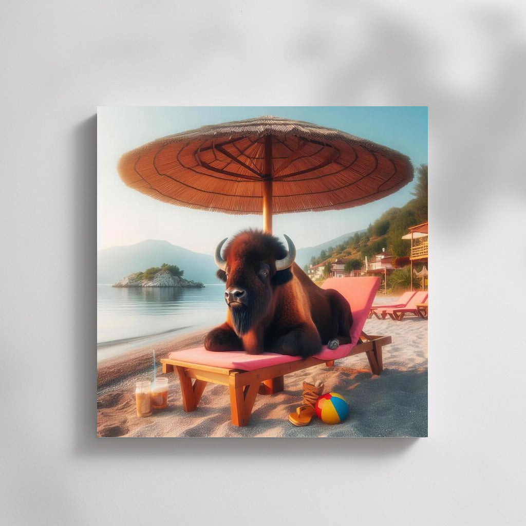 Buffalo on the beach: Relaxing under an umbrella