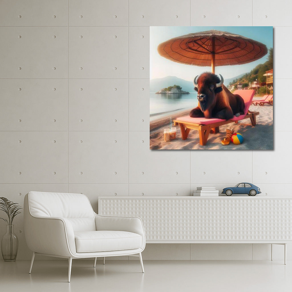 Buffalo on the beach: Relaxing under an umbrella