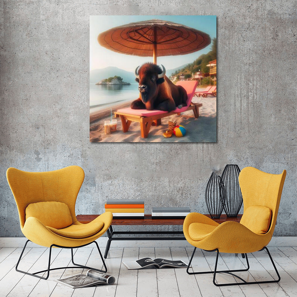 Buffalo on the beach: Relaxing under an umbrella