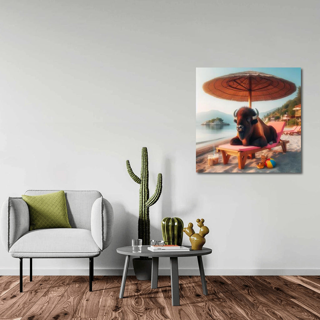 Buffalo on the beach: Relaxing under an umbrella