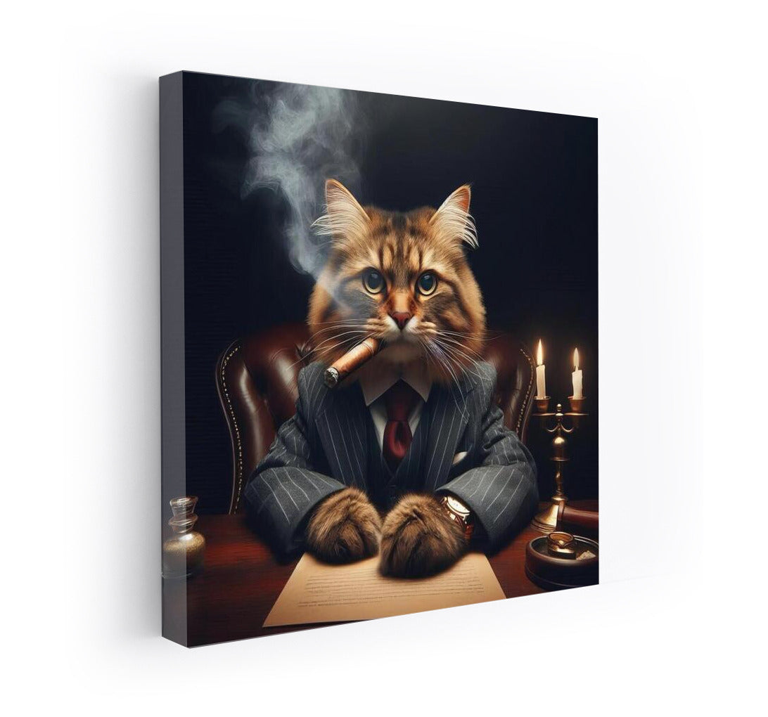 Stylish Boss Cat with Cigar: Elegance and Power on Your Wall