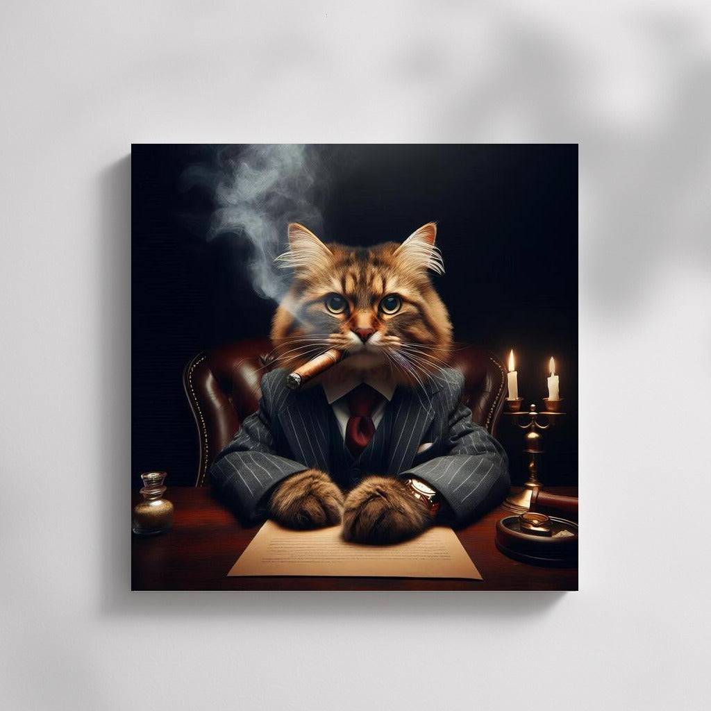Stylish Boss Cat with Cigar: Elegance and Power on Your Wall