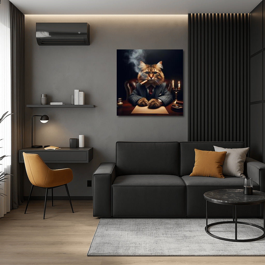 Stylish Boss Cat with Cigar: Elegance and Power on Your Wall