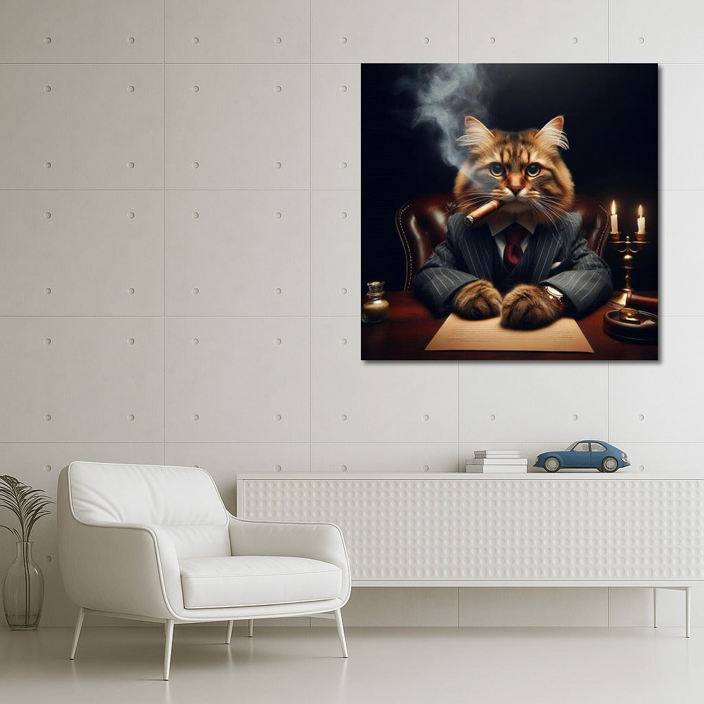 Stylish Boss Cat with Cigar: Elegance and Power on Your Wall