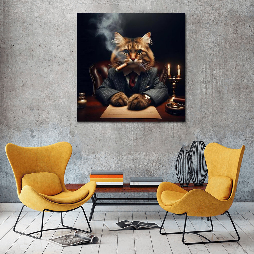 Stylish Boss Cat with Cigar: Elegance and Power on Your Wall