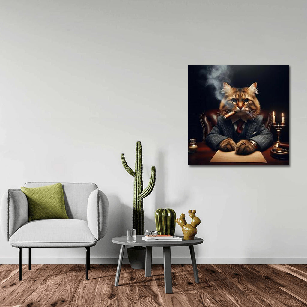 Stylish Boss Cat with Cigar: Elegance and Power on Your Wall