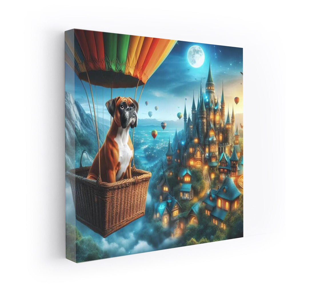 Boxer in a Hot Air Balloon over a Fairytale Town: A Magical Journey