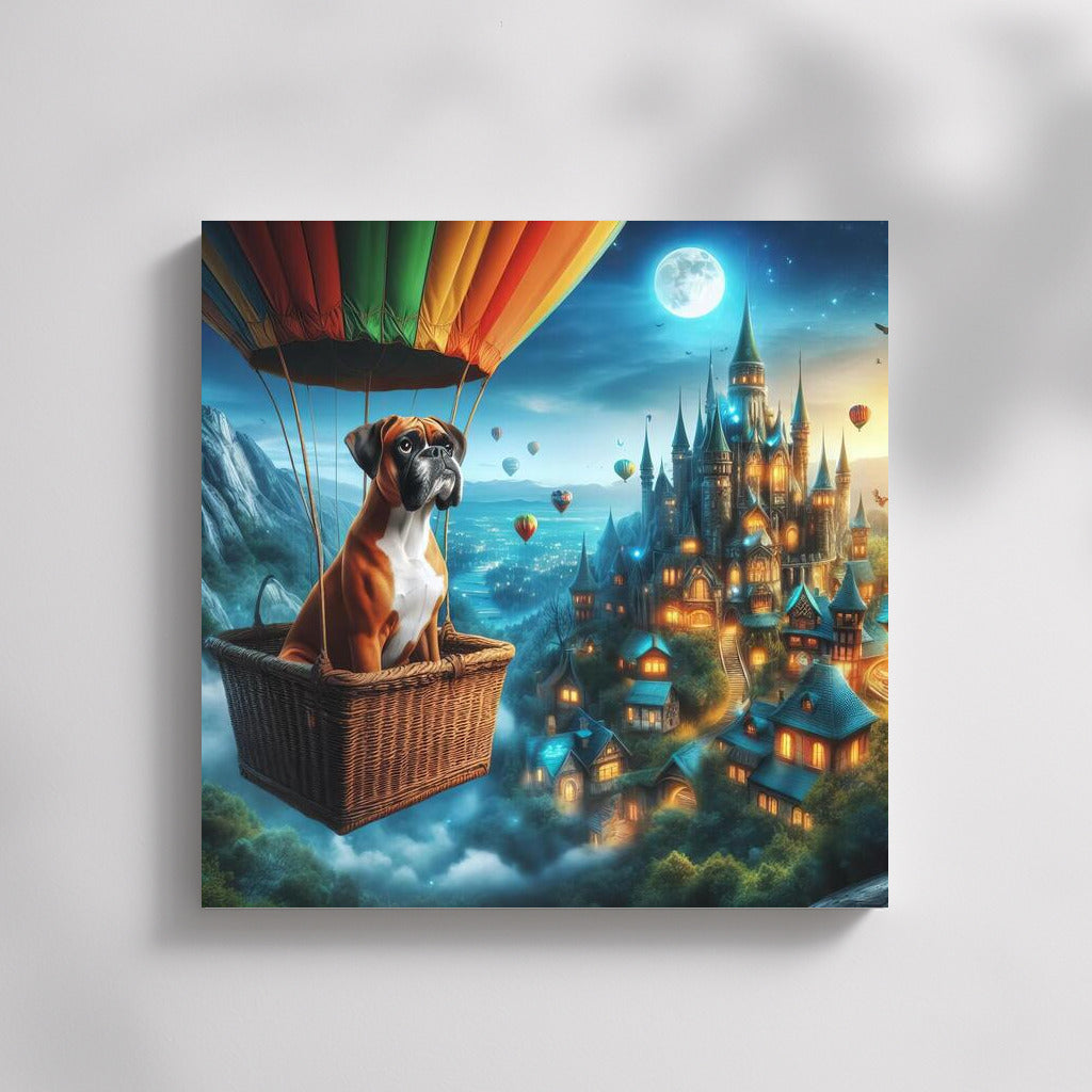 Boxer in a Hot Air Balloon over a Fairytale Town: A Magical Journey