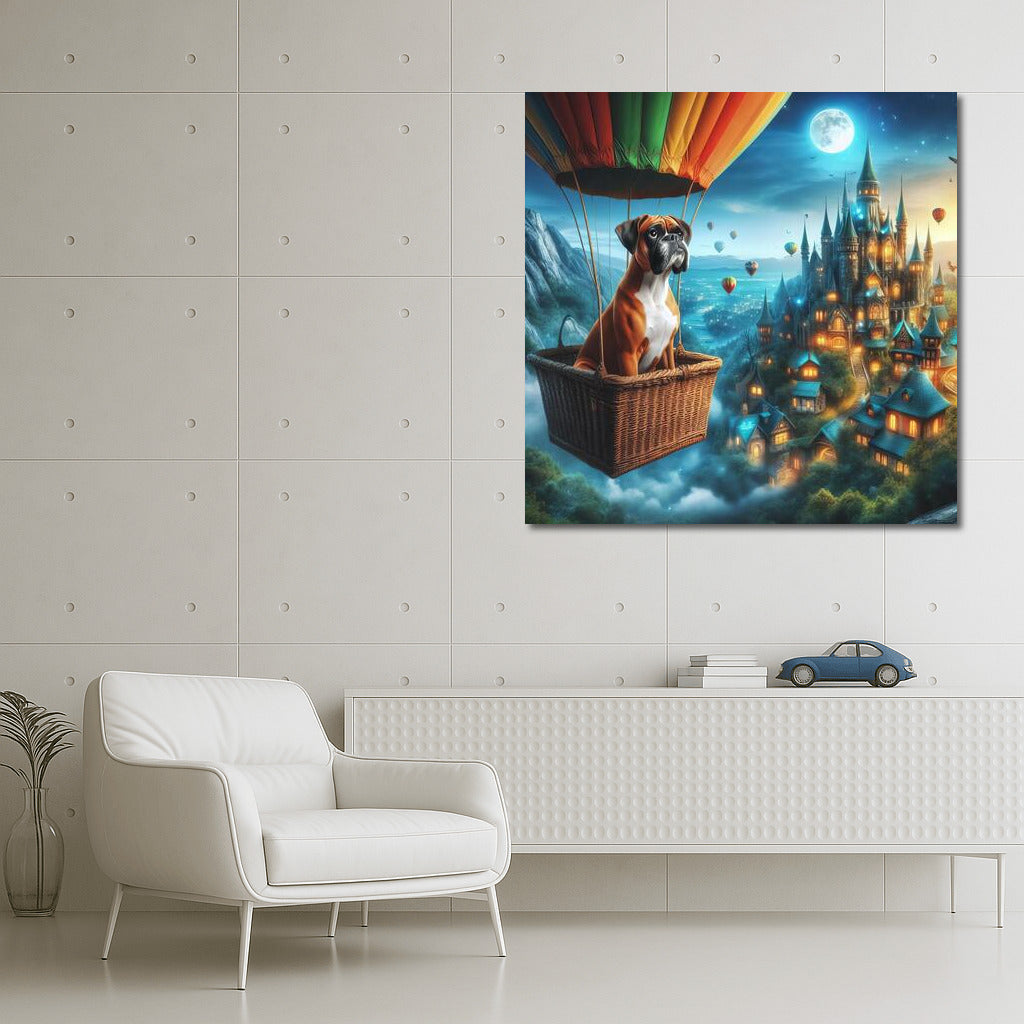 Boxer in a Hot Air Balloon over a Fairytale Town: A Magical Journey