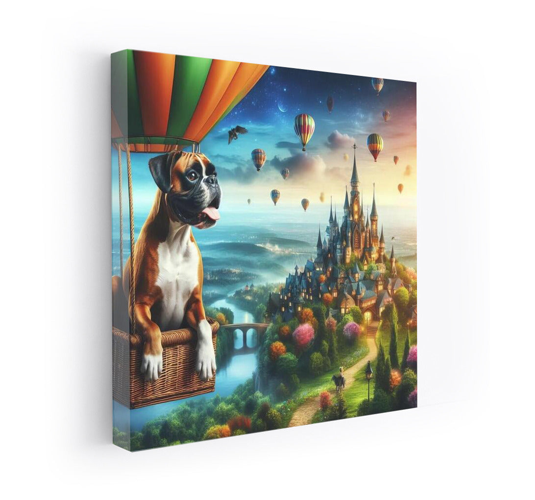 Boxer in a Hot Air Balloon over a Fairytale City: The Magic of Flight