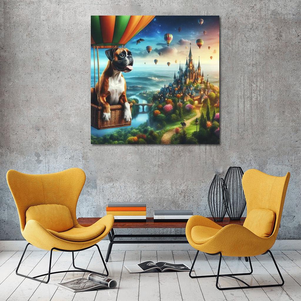 Boxer in a Hot Air Balloon over a Fairytale City: The Magic of Flight