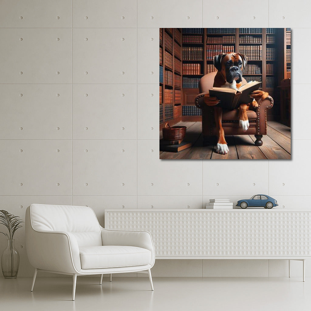Boxer in the Library: Reading on a Little Chair
