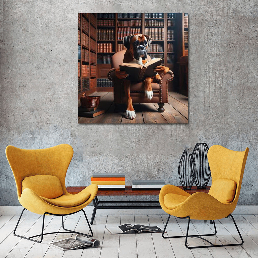 Boxer in the Library: Reading on a Little Chair