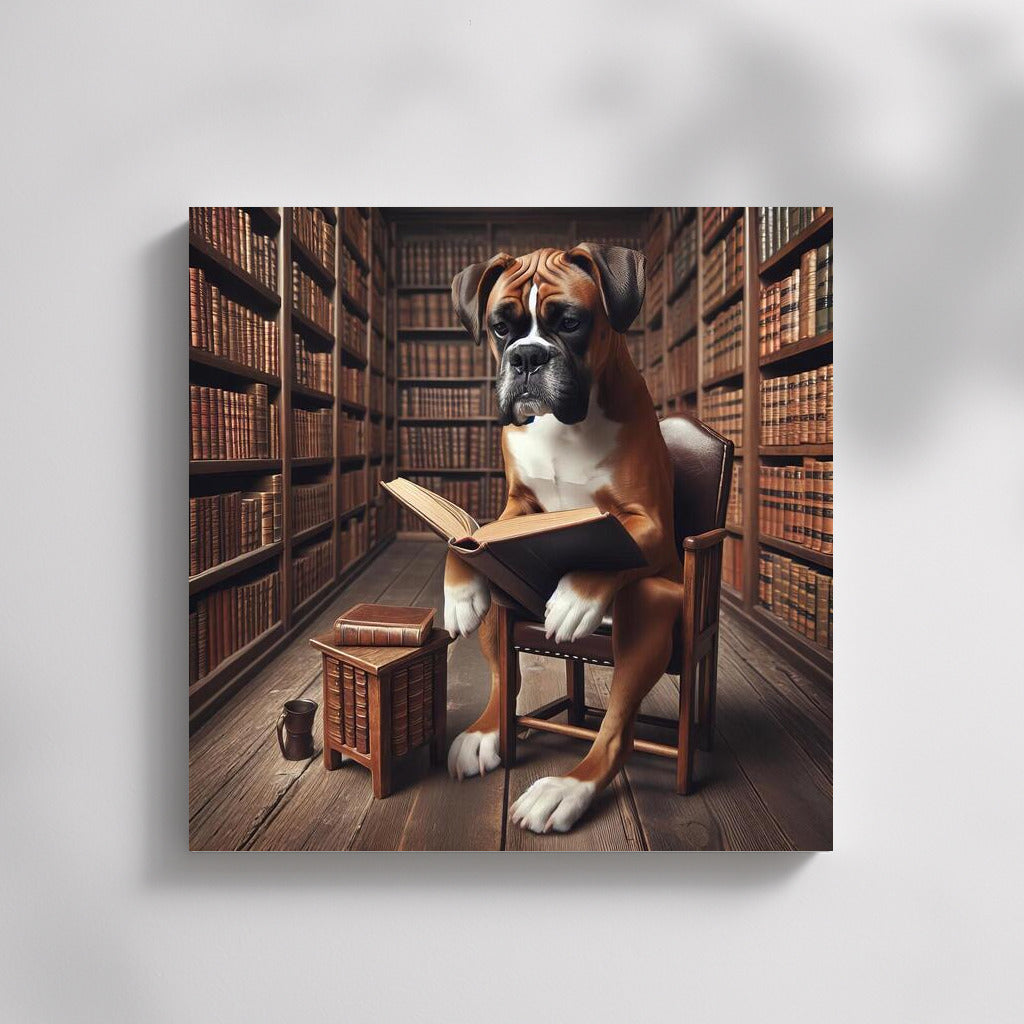 Reading Boxer in the Library: Unique Wall Art for Book Lovers