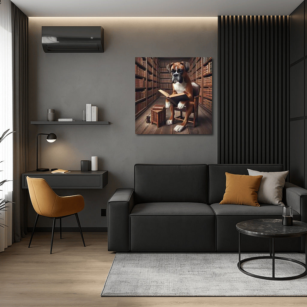 Reading Boxer in the Library: Unique Wall Art for Book Lovers