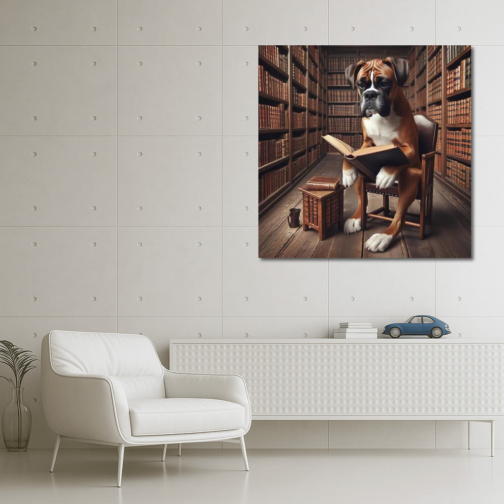 Reading Boxer in the Library: Unique Wall Art for Book Lovers
